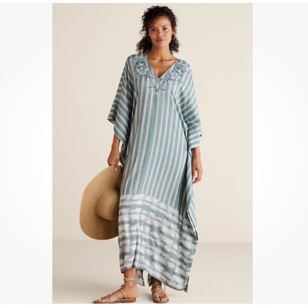 SOFT SURROUNDINGS Harbor Caftan Striped Kaftan Embellished Neckline Large XL